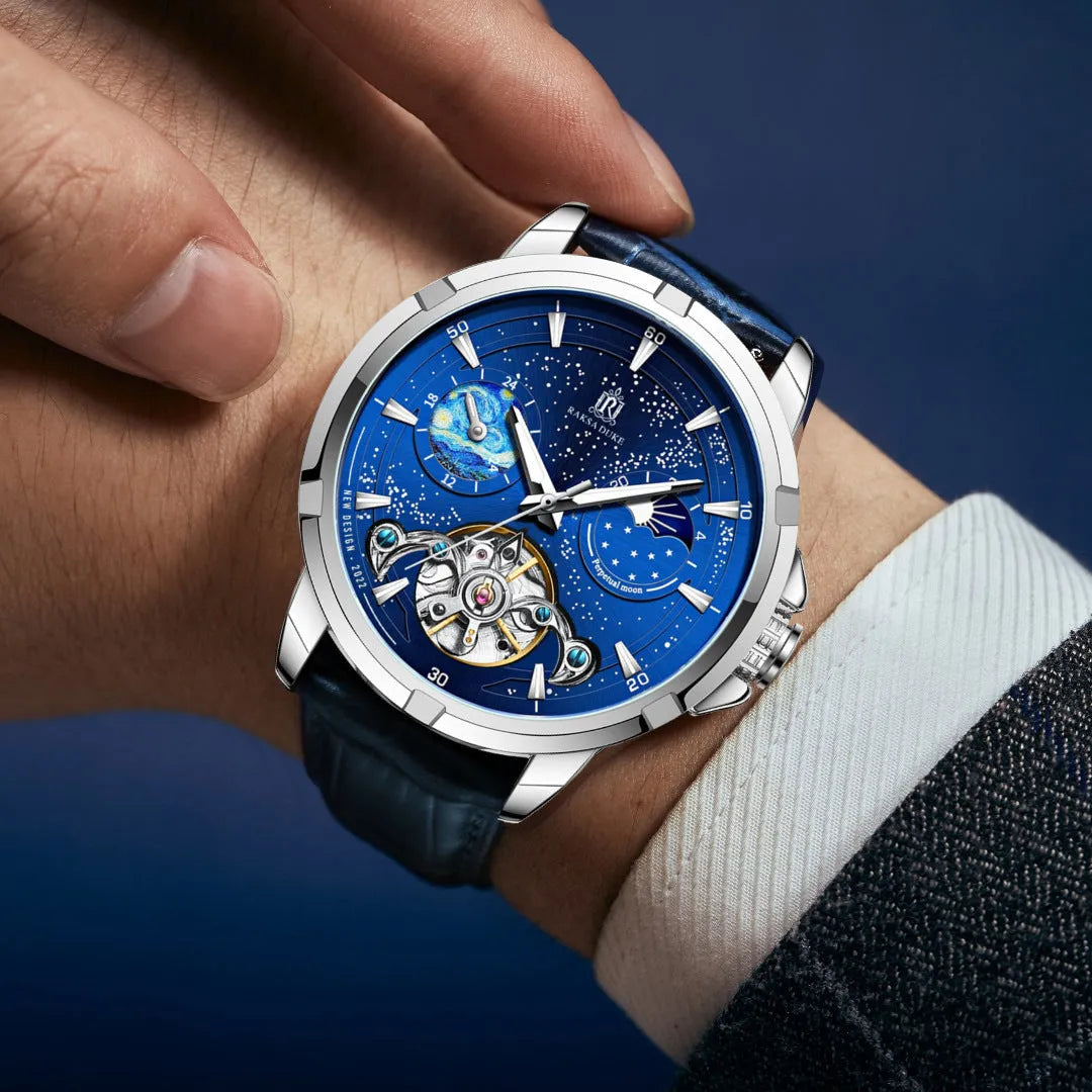 Men's blue automatic mechanical watch with skeleton design showing internal gears