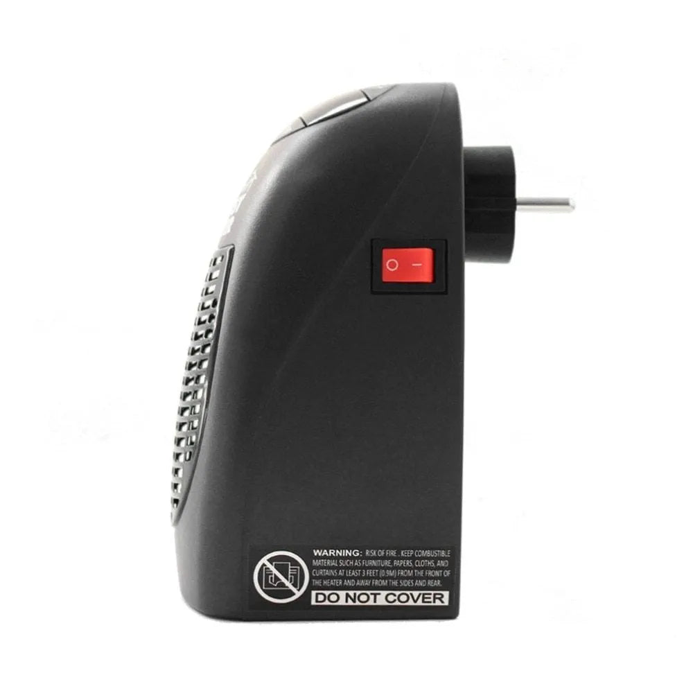 Black compact mini electric heater with digital display and a rotating three-prong plug