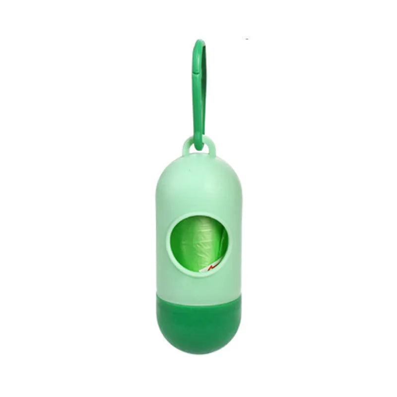 Roll of handled dog poop bags in assorted colours showing dimensions of 22.5 by 30 centimetres