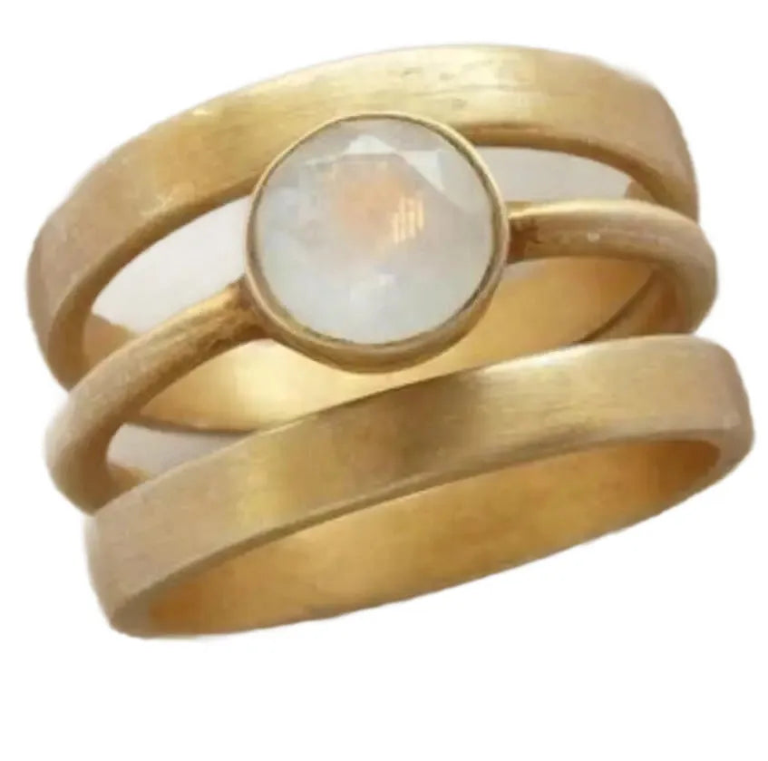 Gold-plated titanium steel ring with white chalcedony micro-inlay in geometric design
