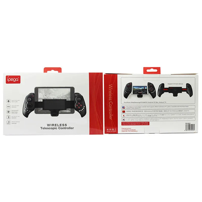 PG-9023 wireless telescopic game controller with phone attached showing adjustable clip and gamepad layout