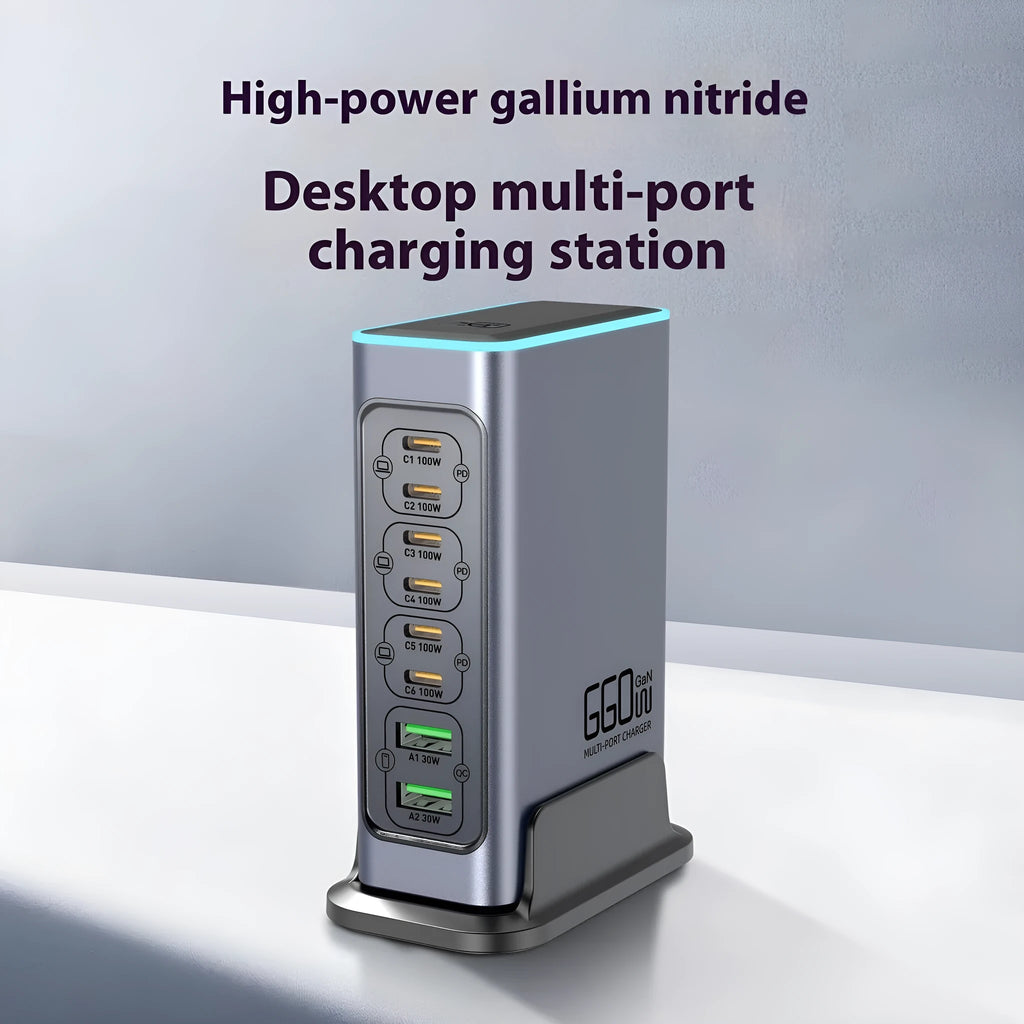 660W Gallium Nitride desktop fast charger with four USB-C ports and UK, EU, US, AU plug heads.