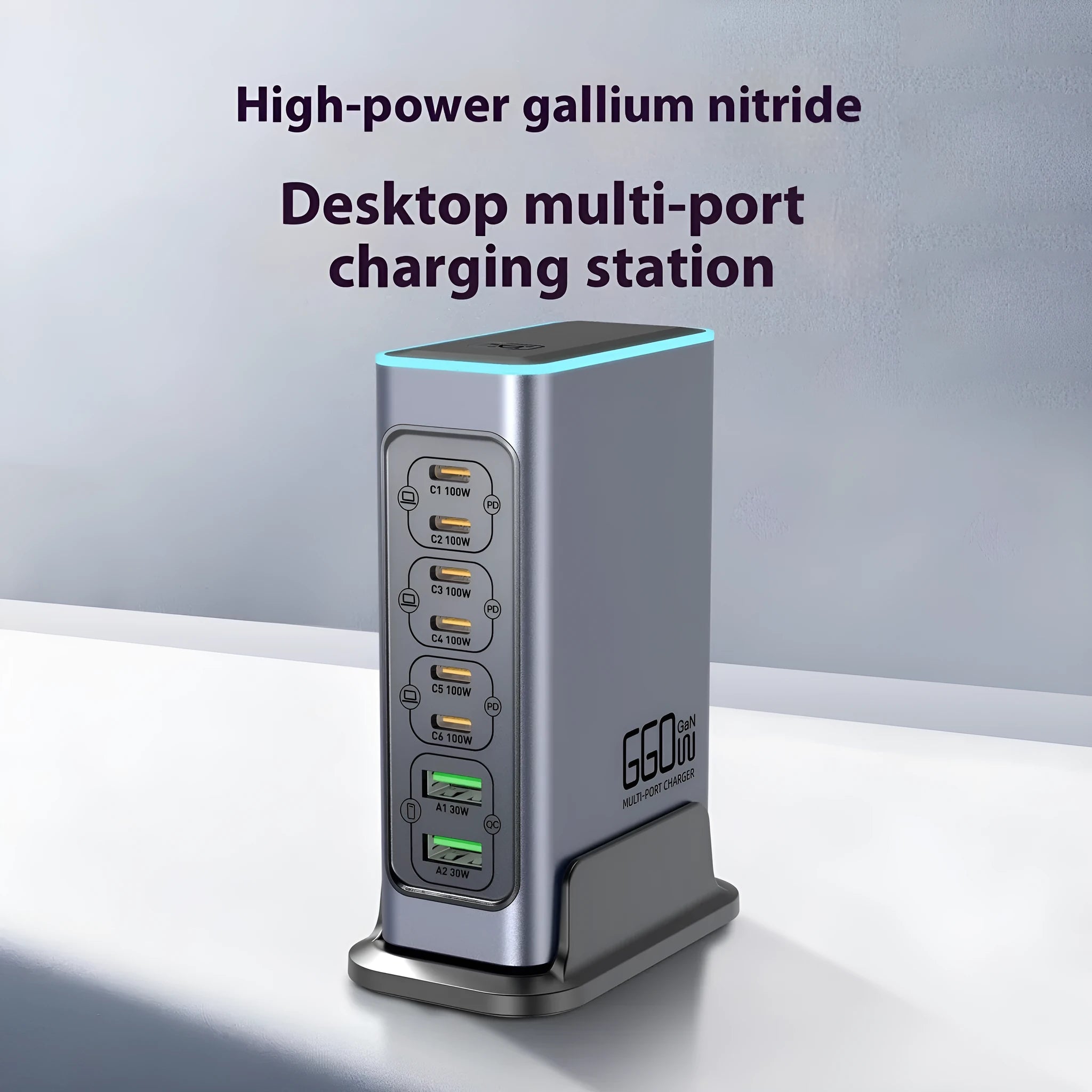 660W Gallium Nitride desktop fast charger with four USB-C ports and UK, EU, US, AU plug heads.