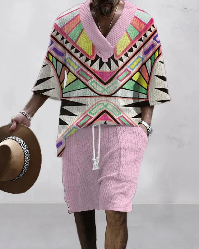 Loose casual short sleeve suit set for men in polyester fibre available in multiple colours