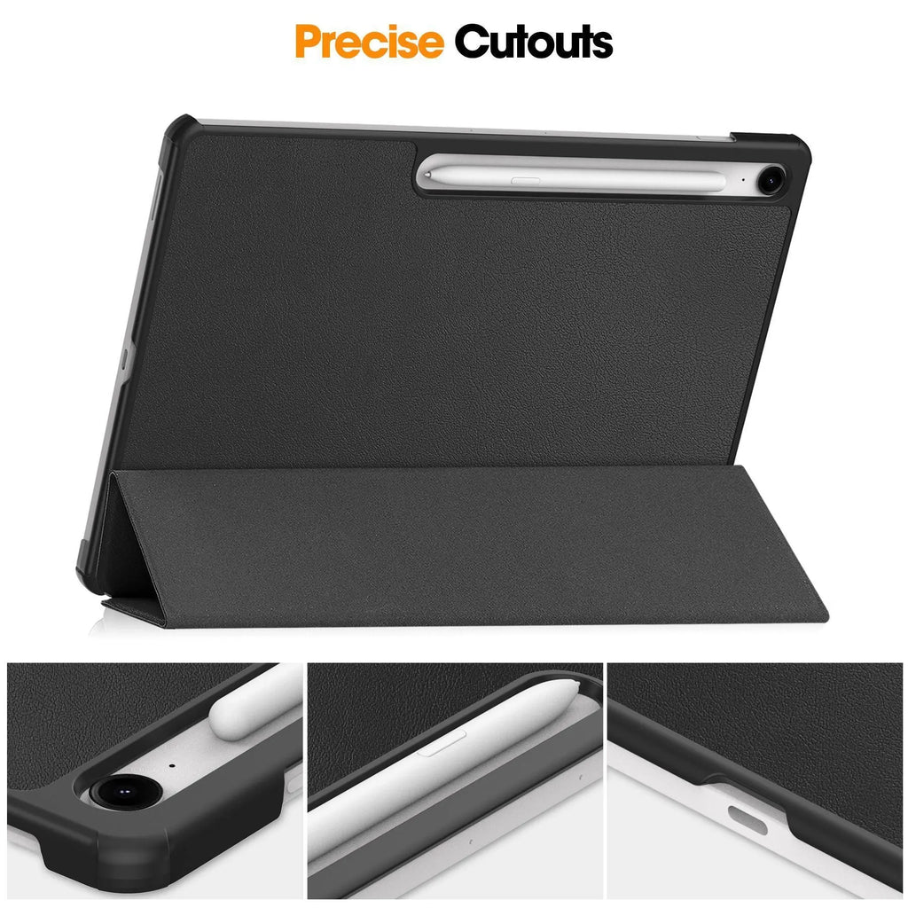 Samsung Tab S10 FE Plus 13.1-inch leather tri-fold stand case in black colour, showing front and back views.
