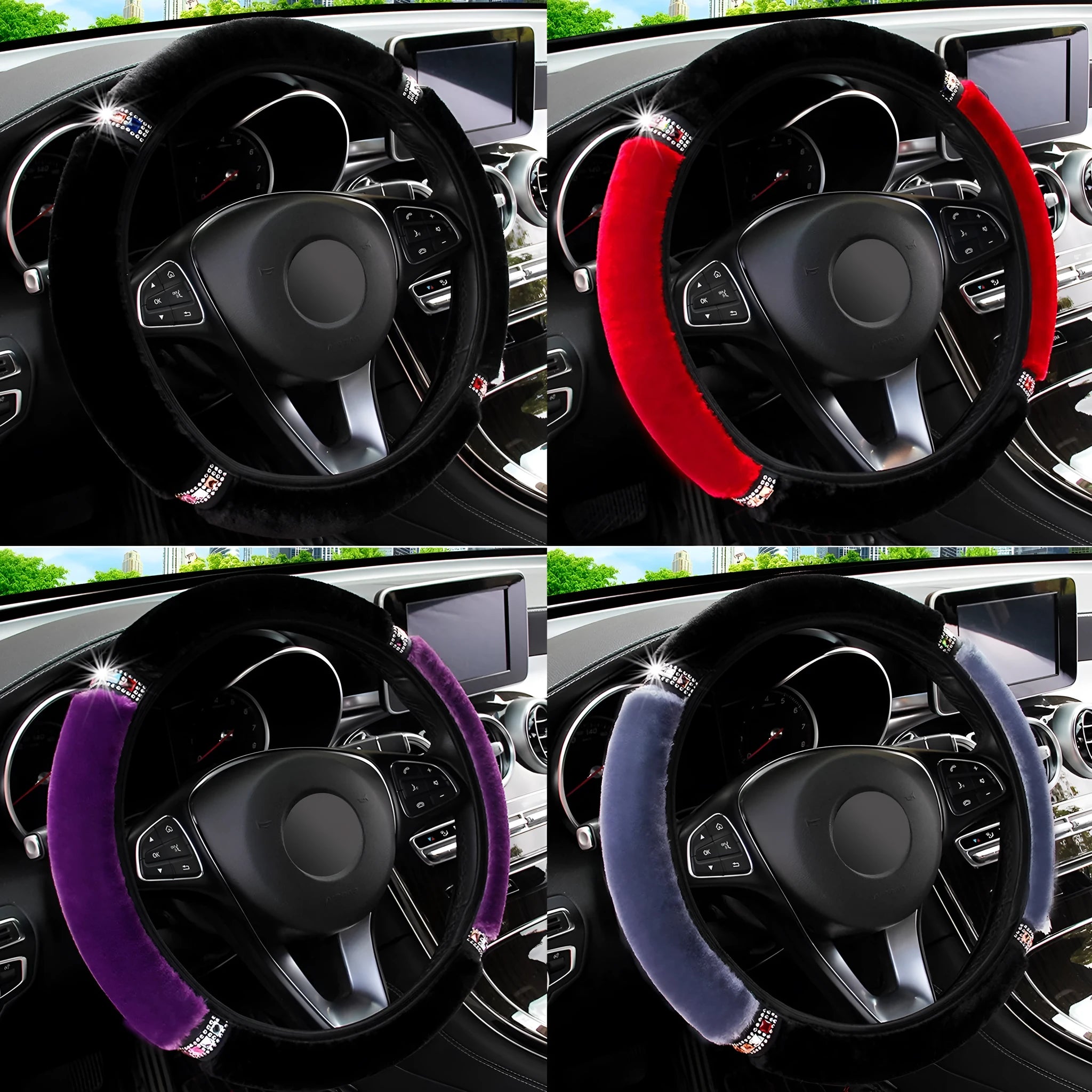 Short hair diamond plush elastic steering wheel cover in black on a car steering wheel