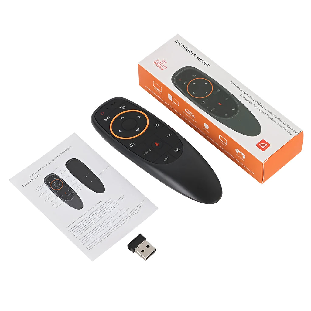 G10 series intelligent voice remote control with silicone buttons and plastic shell, shown next to its packaging box.