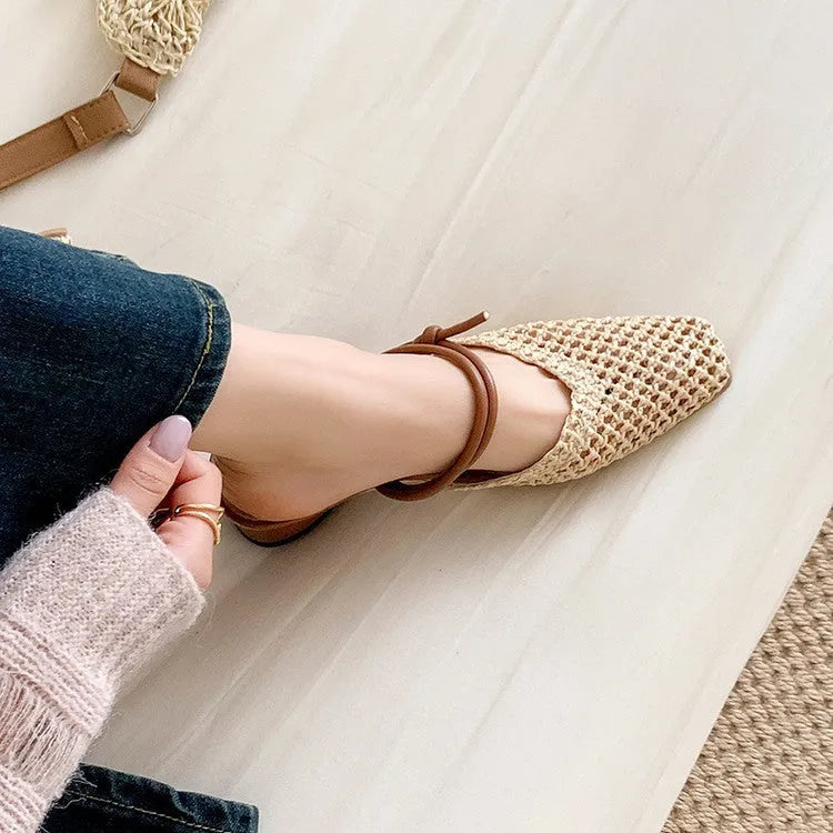 Women's French style square toe slippers with chunky heel in black, white and brown colour options