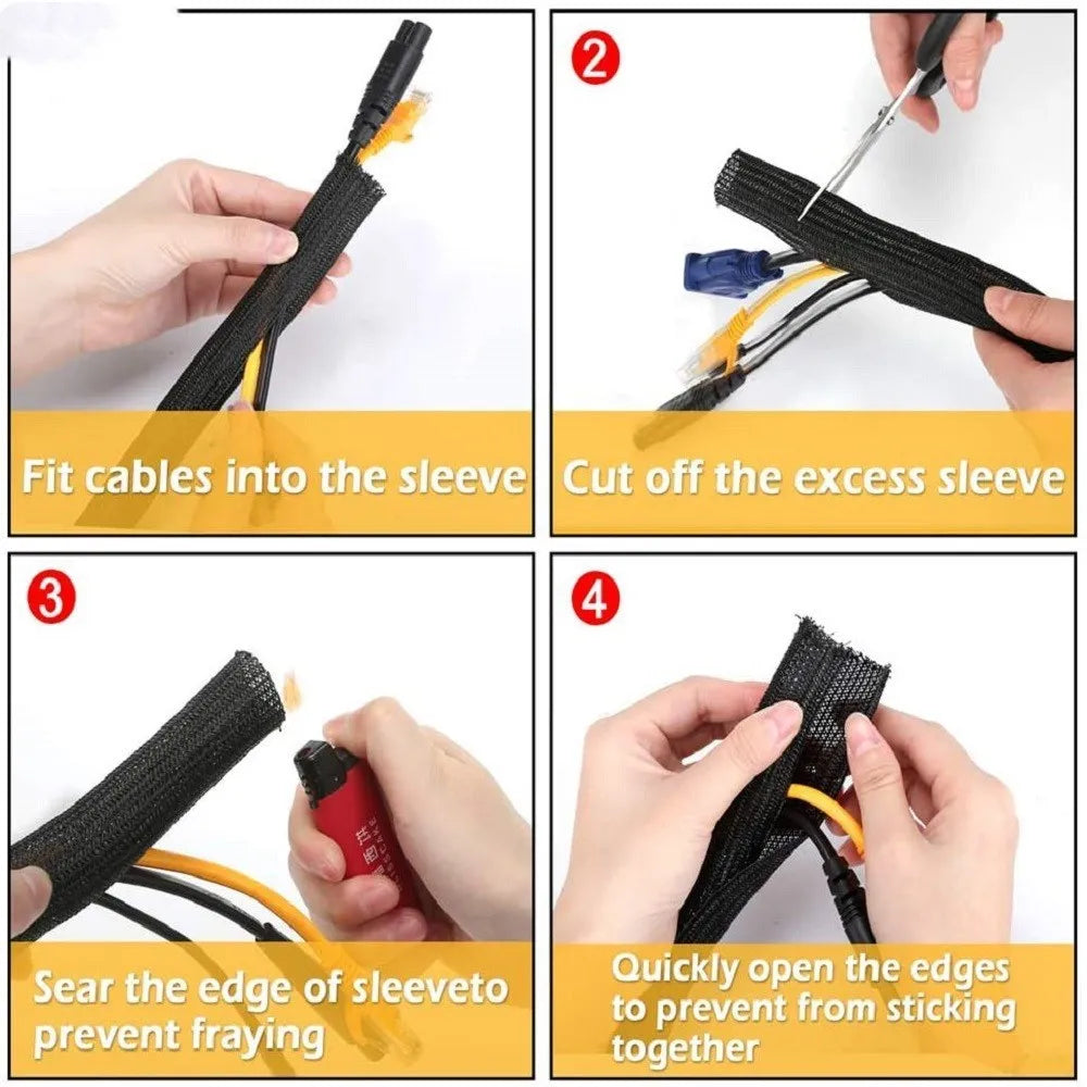 Black self-winding automotive wire protector sleeve showing expandable mesh construction for cable organisation