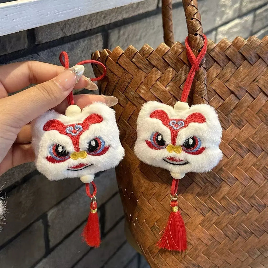 Handmade blue Chinese style plush lion keychain ornament with star stone decoration and tassel