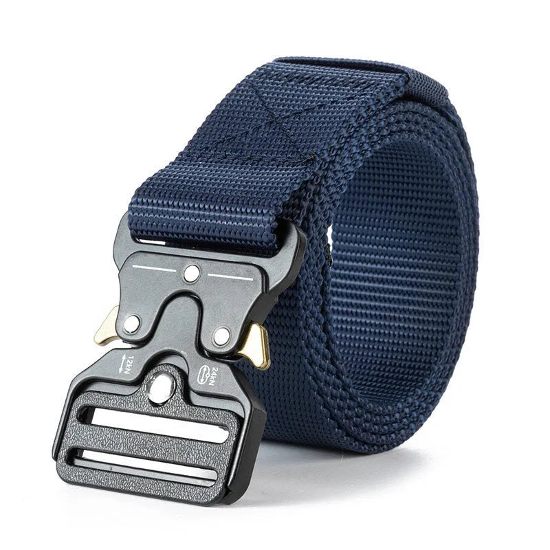 Men's thick canvas tactical belt with an alloy release buckle shown in Army Green colour.