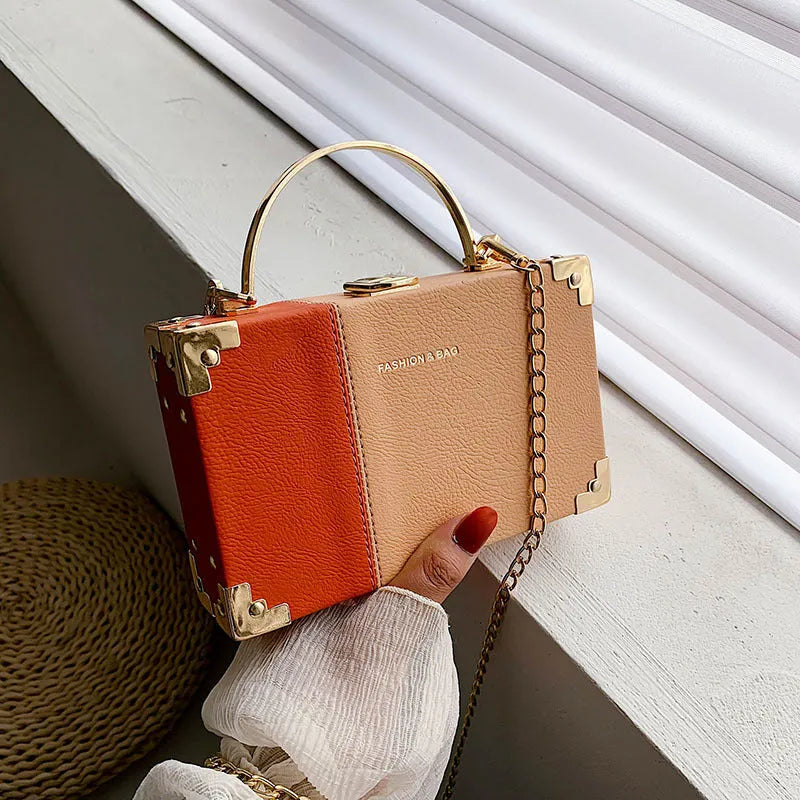Handle box design ladies party clutch bag in PU leather with long chain, 19cm length, Orange colour