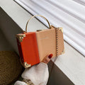 Handle box design ladies party clutch bag in PU leather with long chain, 19cm length, Orange colour