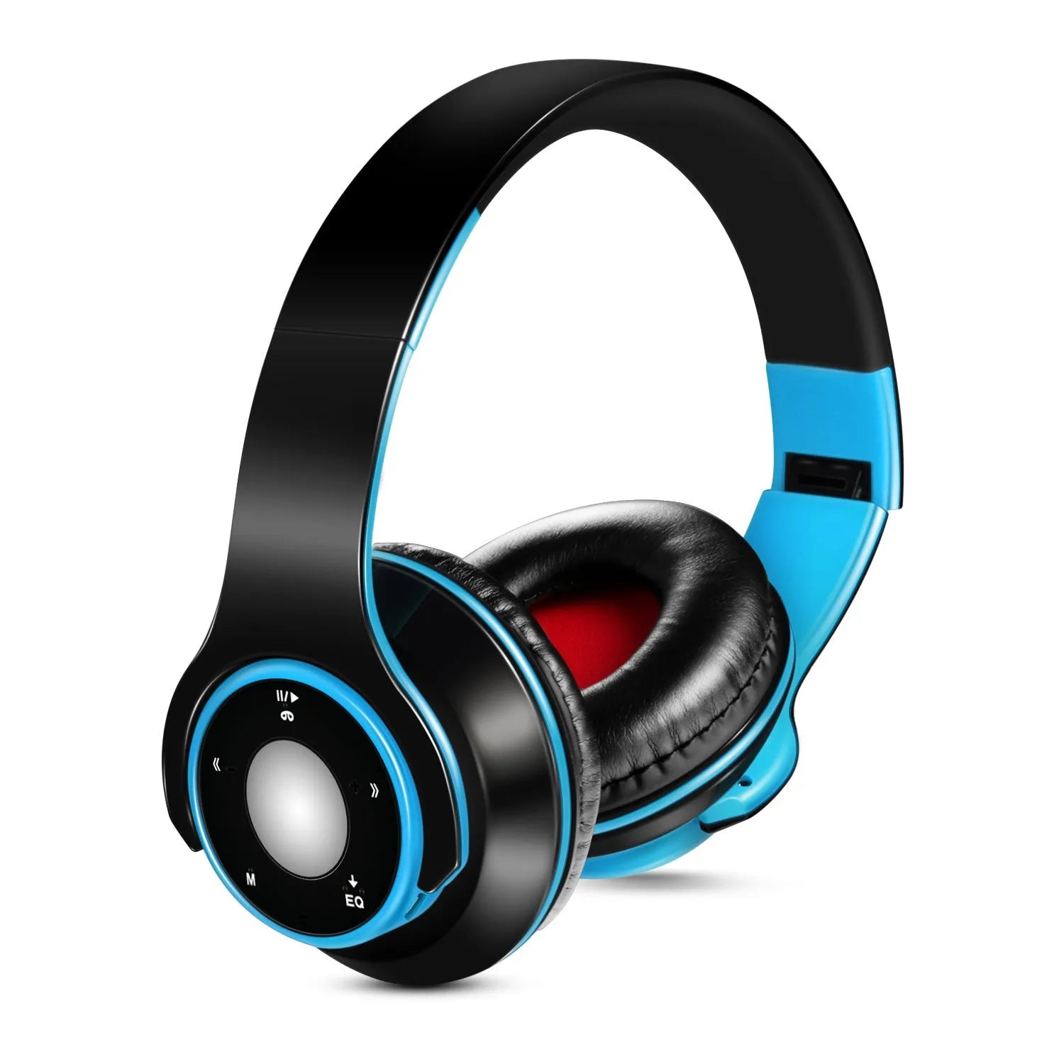 Foldable wireless Bluetooth headset shown in blue, with adjustable hinges and an SD card slot.