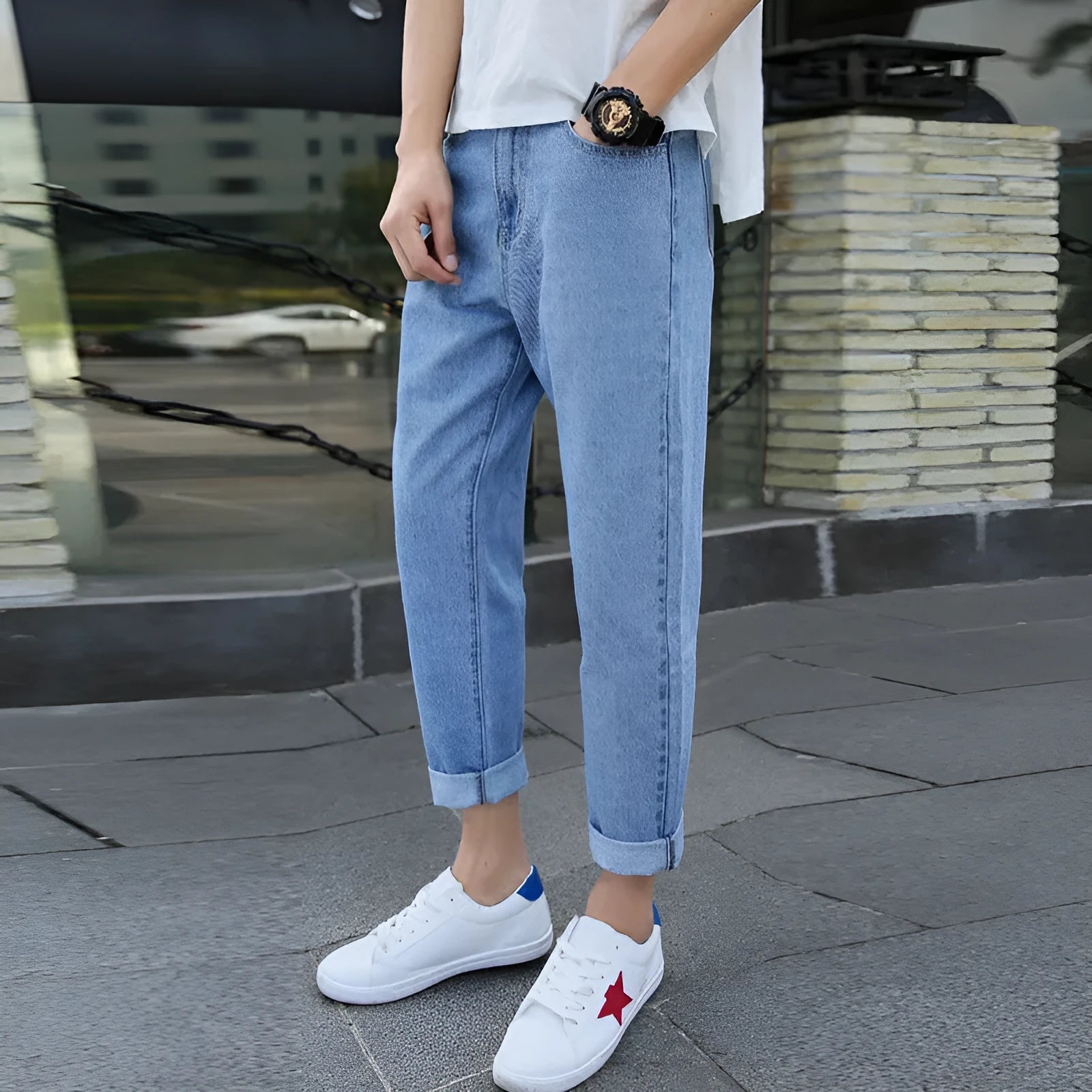 Men's loose fit straight leg cotton jeans in black college style casual trousers