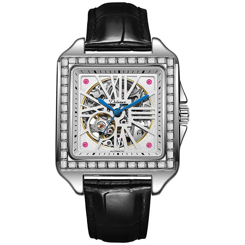Men's square automatic watch with a diamond-studded dial on a black steel bracelet.