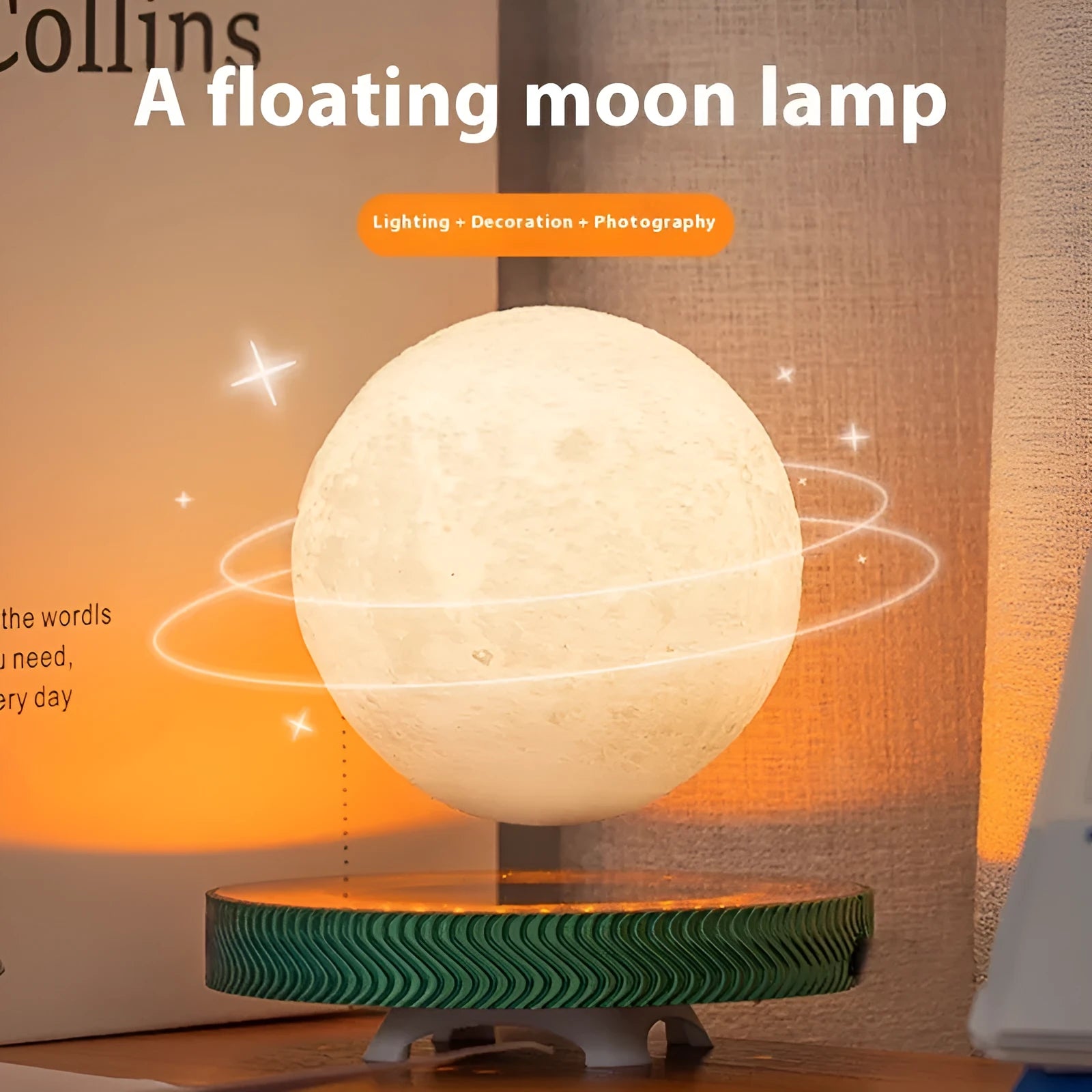 Small white magnetic suspension moon lamp floating above its base as a night light.