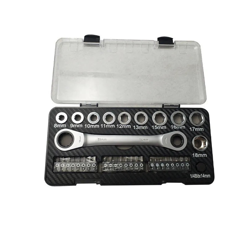 Two-way ratchet wrench set with dual-purpose handle, 10 sockets, and 3 bit heads laid out on a surface.