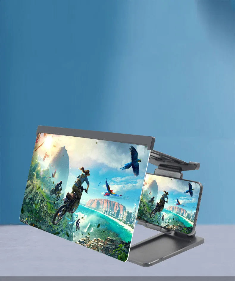 Black foldable mobile phone screen magnifier with detachable phone holder on a desk
