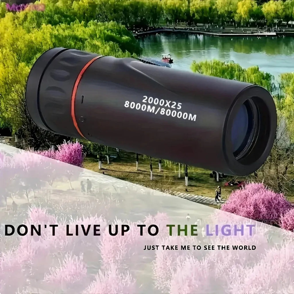 2000x25 HD monocular telescope with rubber exterior and holder on black background