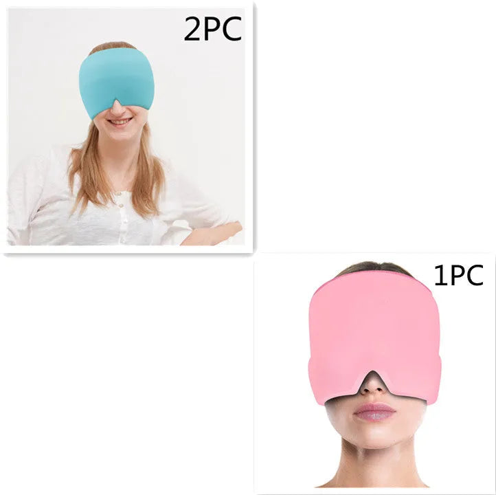Cold therapy gel eye mask for headache relief in black colour on forehead