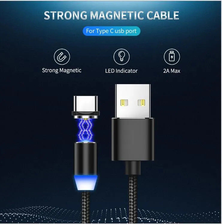 1 metre cotton braided magnetic charging cable with LED light and aluminium connectors