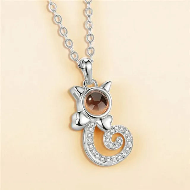 S925 silver cat-shaped pendant necklace with custom photo projection on Rose Gold chain