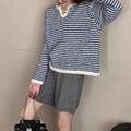 Women's blue stripe cashmere pullover sweater with loose retro style