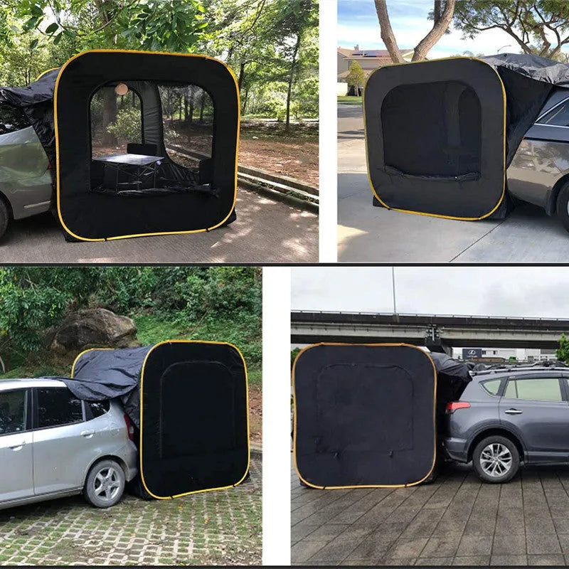 Black pop-up car tailgate tent with quick-throw design, shown unfolded to 200cm dimensions.