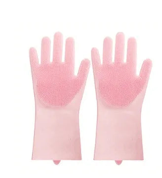 Silicone cleaning gloves with textured scrubbing surface in assorted colours