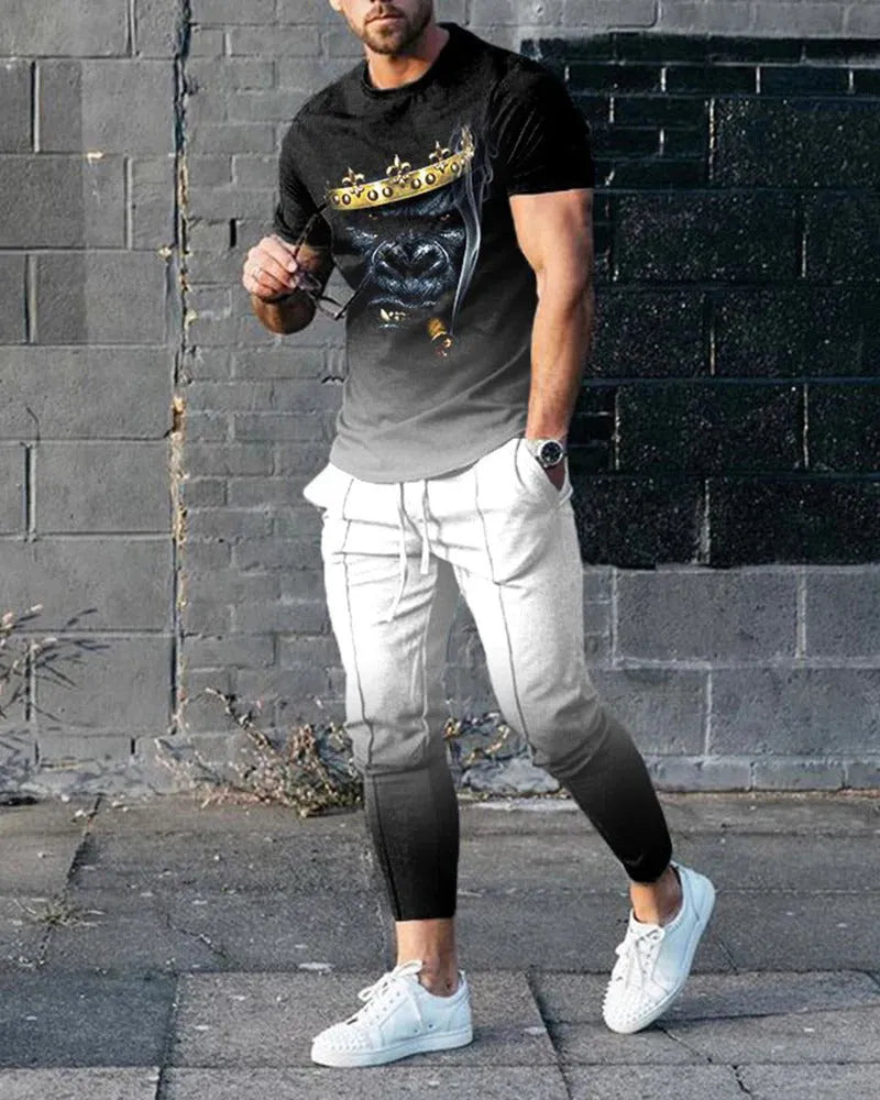 Men's short-sleeved printed pullover and matching trousers set on a neutral background