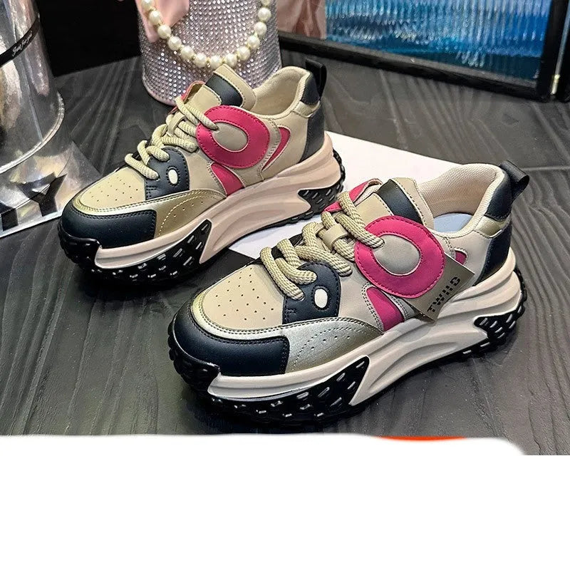 Women's thick-soled leather sports casual shoes in silver colour with round toe and lace-up front.