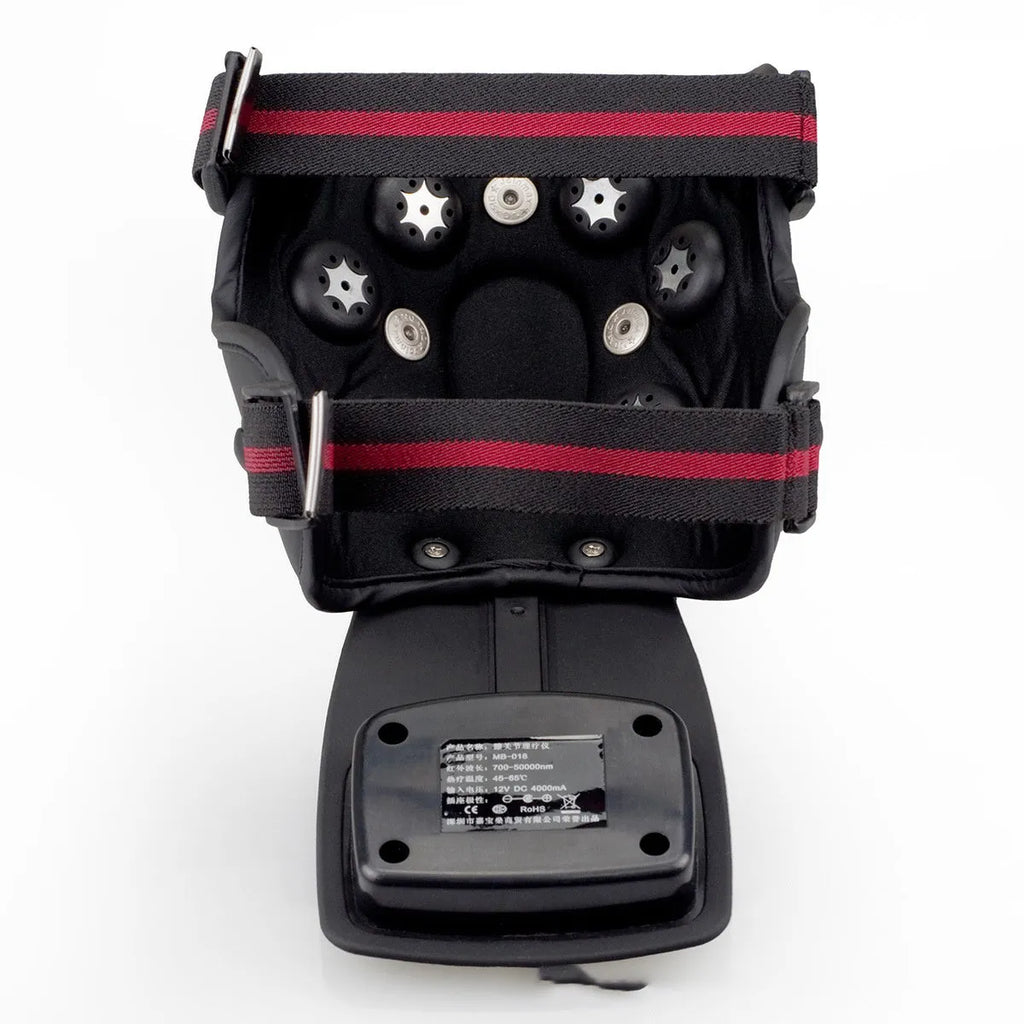 Knee massager with infrared heat, knee pad, shoulder pad, and 12V power adapter.