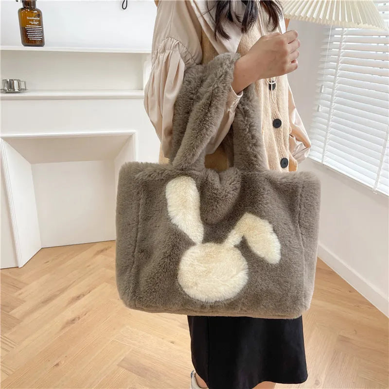 Cartoon rabbit ears plush shoulder bag in large tote style