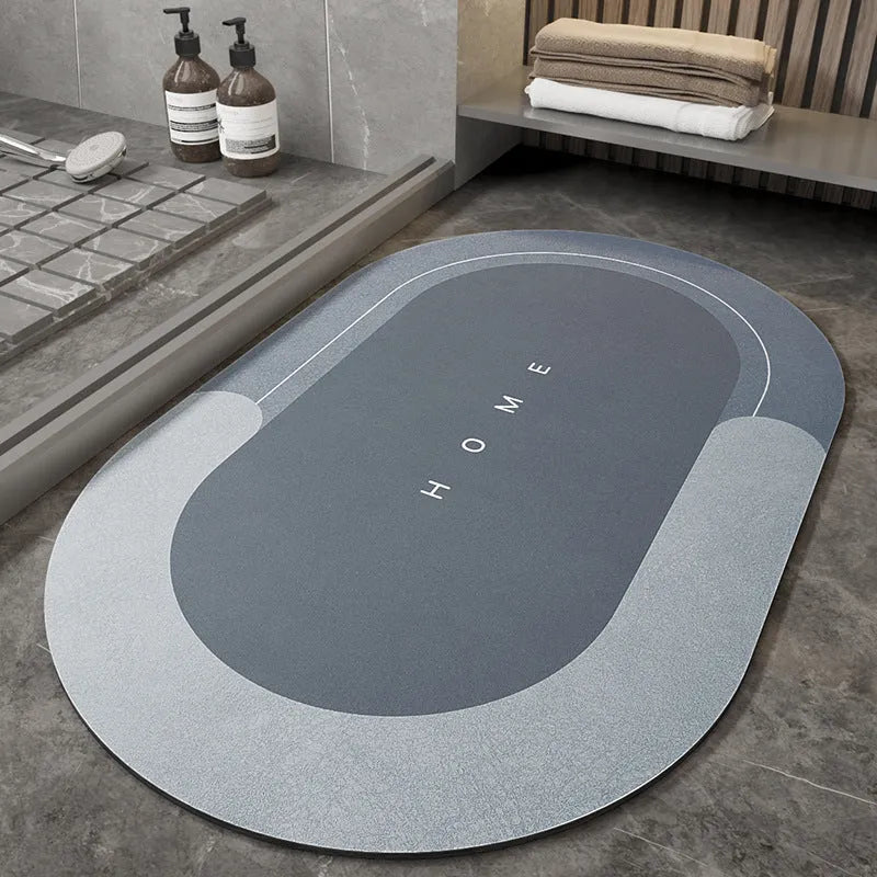 Blended fabric bathroom floor mat in oval and rectangular shapes on a tiled floor.