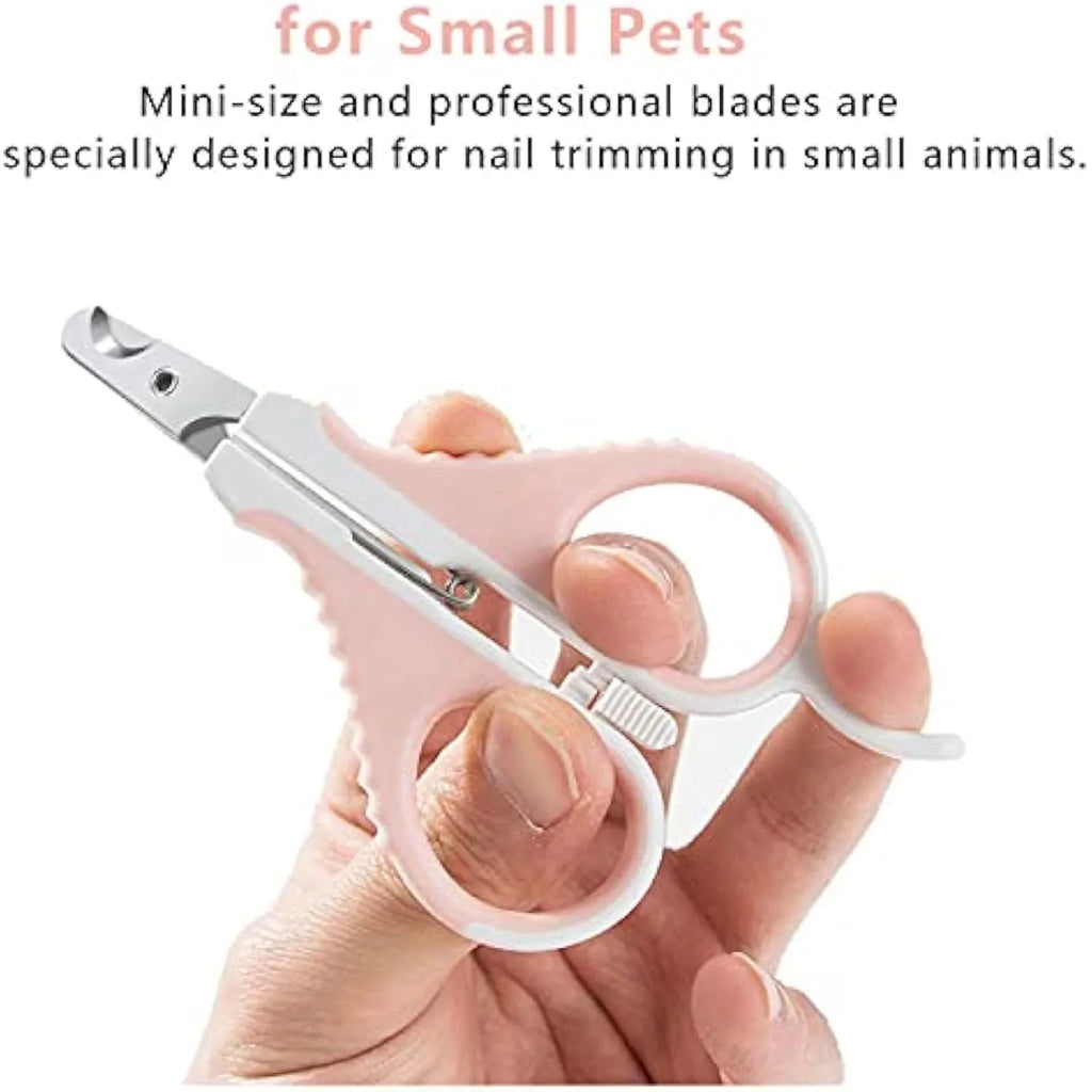 Grey and pink angled blade cat nail clippers with safety guard and non-slip handles for small pets.