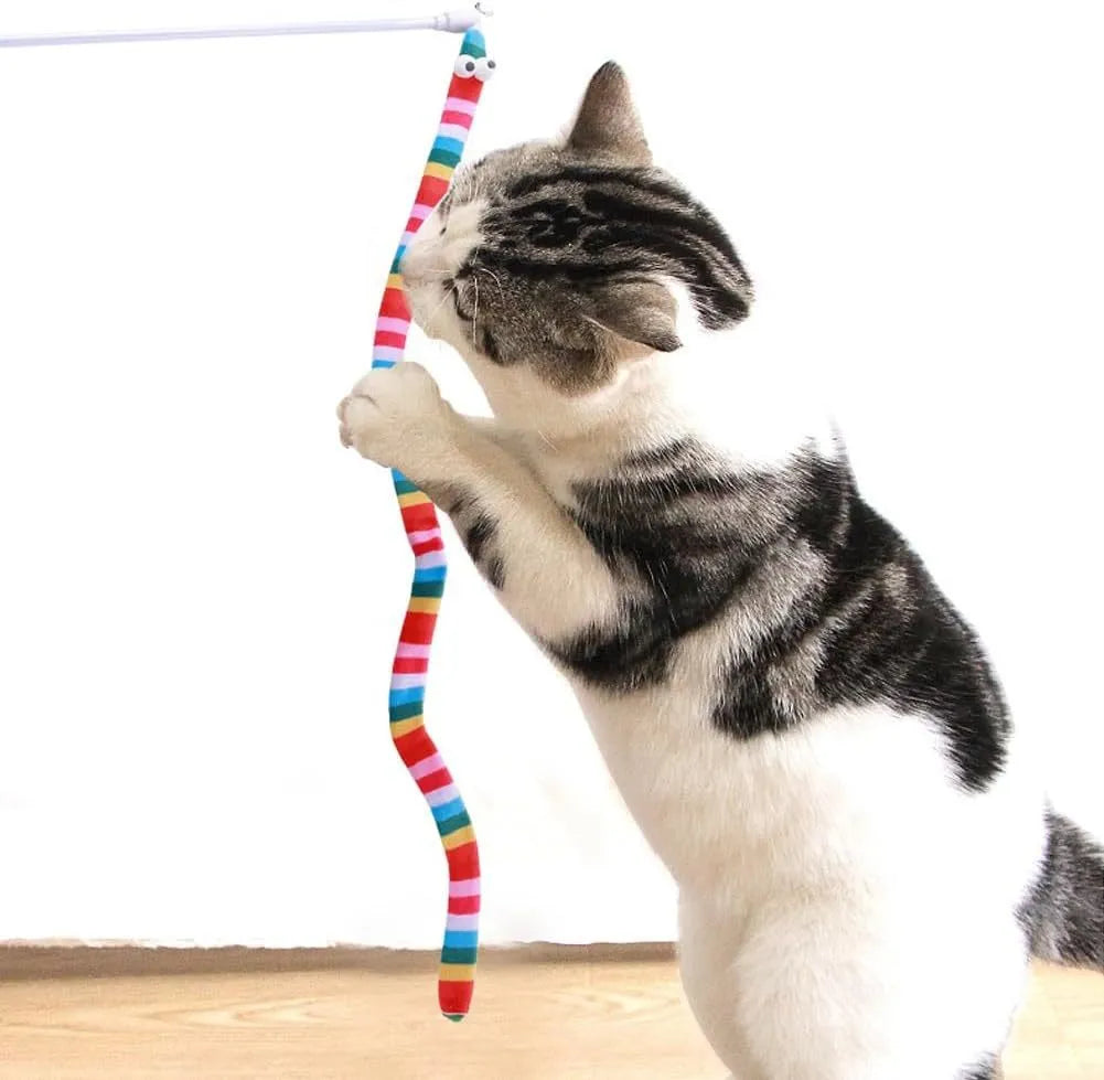 Colourful cat teaser wand toy with a long plush strip and bell on a polycarbonate handle.