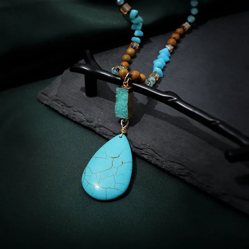 Turquoise blue imitation mineral pendant necklace with water drop shape and ball bead chain