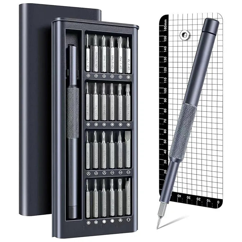 25-in-one magnetic precision screwdriver set with knurled handle and bits.