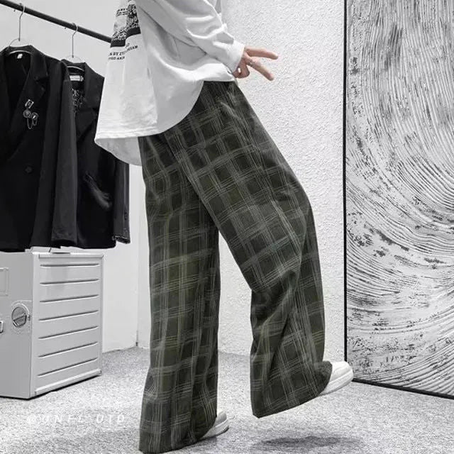 Japanese retro loose pants with plaid pattern in black or green, straight-leg cut, mid-waist design