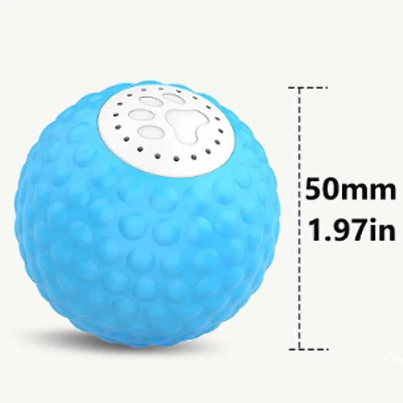 Blue remote control cat toy with rolling ball mechanism and feather attachment