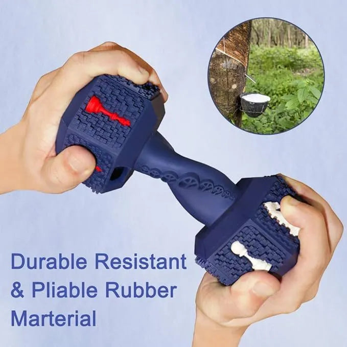 Blue durable rubber dumbbell dog chew toy with textured surface for dental cleaning.