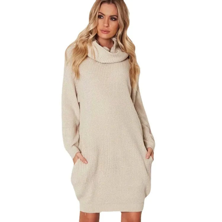 Women's apricot lapel collar sweater with side pockets, loose slim fit on mannequin