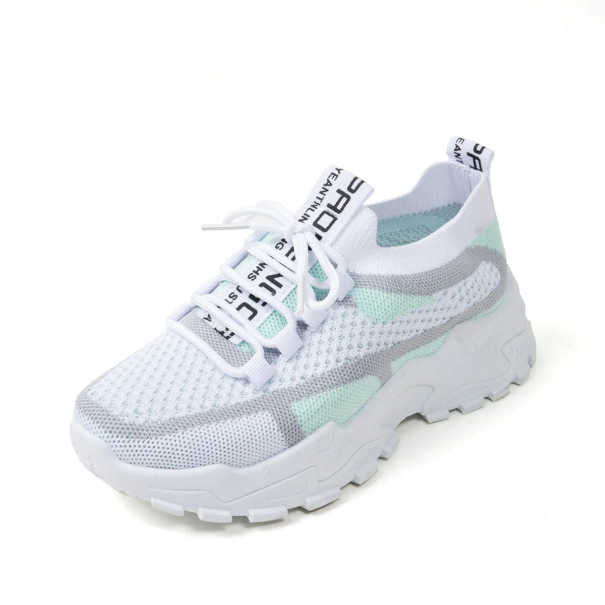 Women's Flyknit mesh lace-up sneaker in a grey colourway, showing the breathable upper and rubber sole.