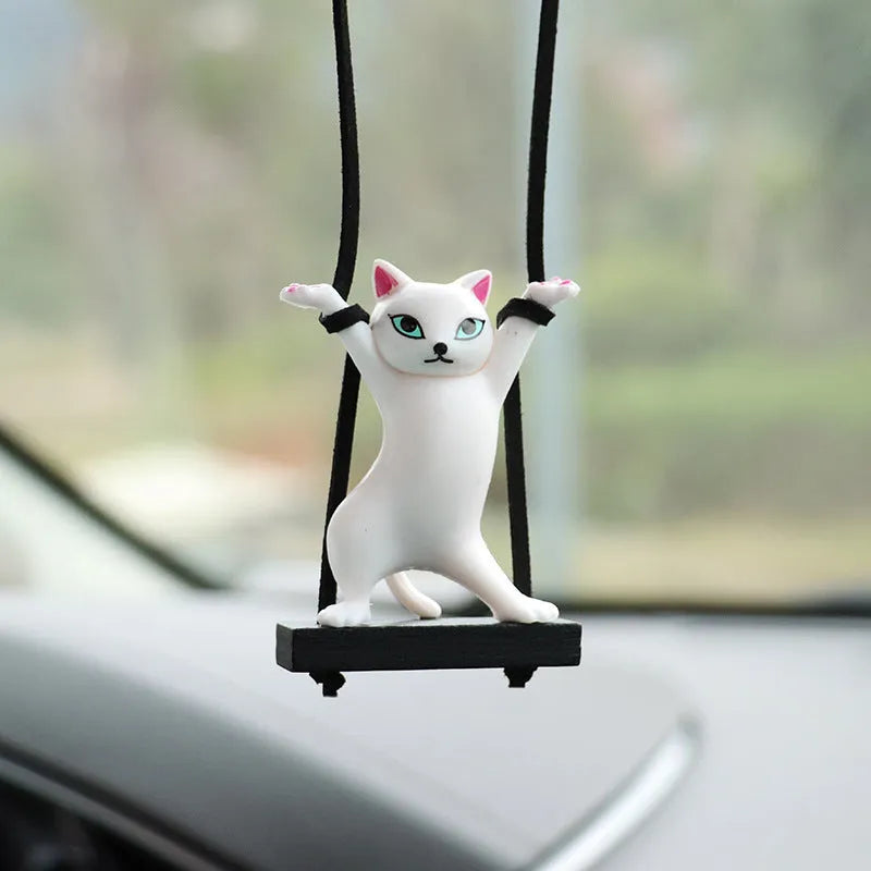 Cartoon resin cat pendant for car interior on a 25 cm adjustable rope, in black, white, flower, grey, or brown colour.