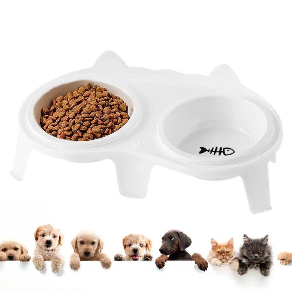 Ceramic cat bowl set with elevated tilted design on ABS stand, blue colour option