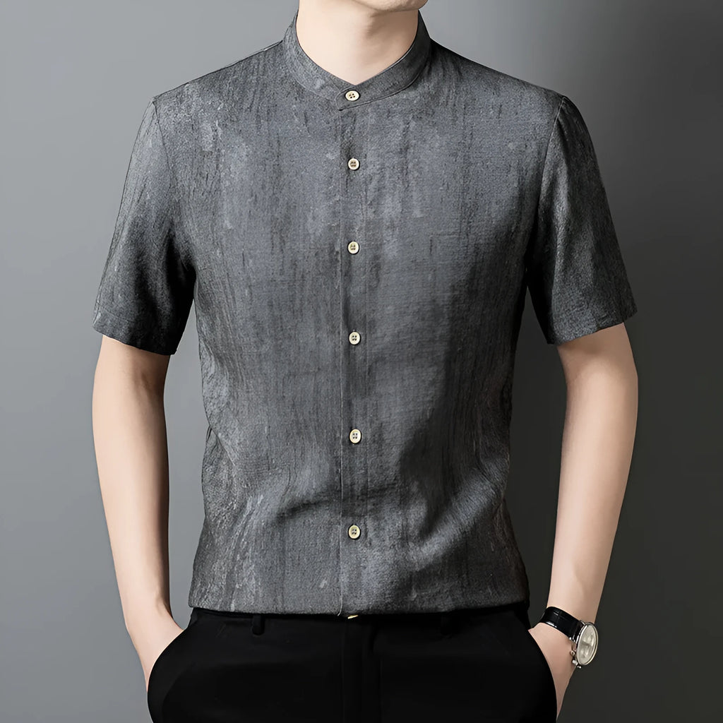 Men's loose fit linen blend stand collar shirt in cardigan style, solid colour options Black Grey or White Grey