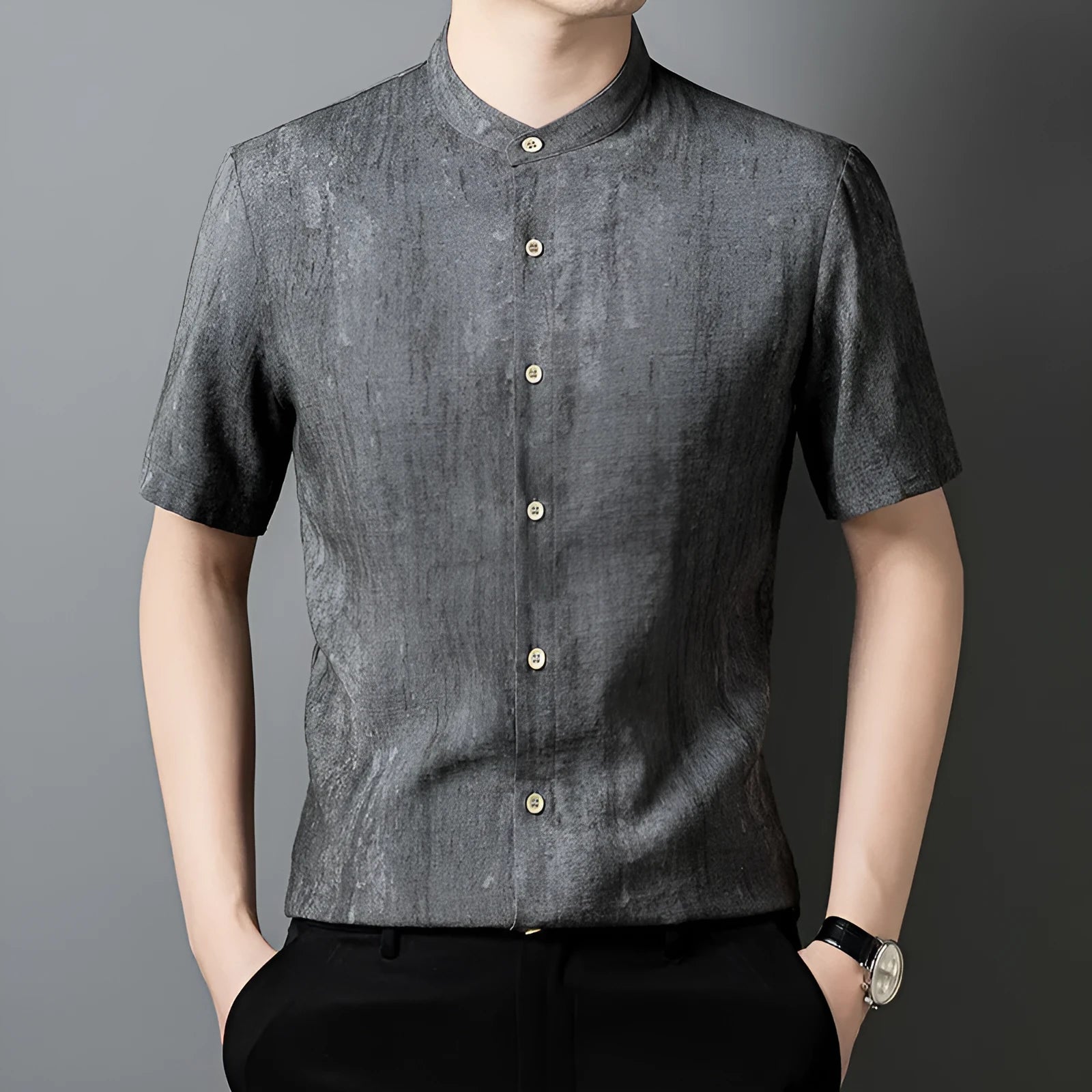 Men's loose fit linen blend stand collar shirt in cardigan style, solid colour options Black Grey or White Grey
