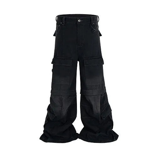 Washed-out cotton micro-pull overalls with detachable multi-pockets in black and blue colour options