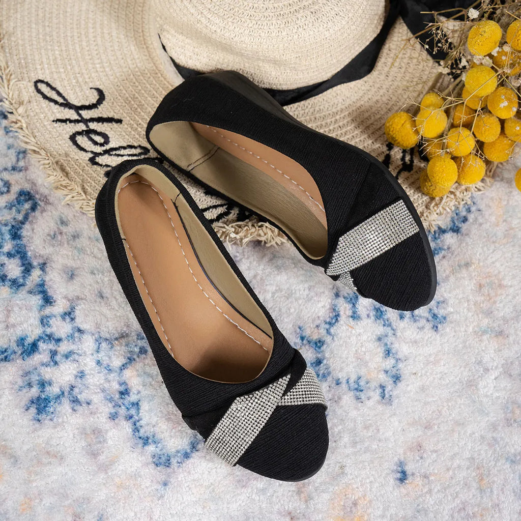 Women's black casual slip-on shoes with rhinestone details, round toe and 6-8cm chunky heel